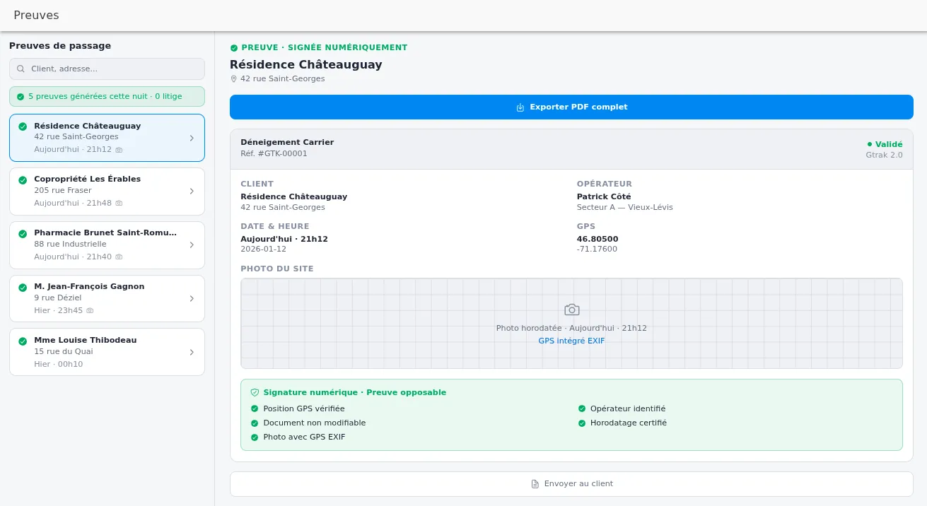 Fiche client Gtrak ouverte sur une preuve de passage signée numériquement : adresse, heure de déneigement, coordonnées GPS, opérateur, photo horodatée et historique des passages